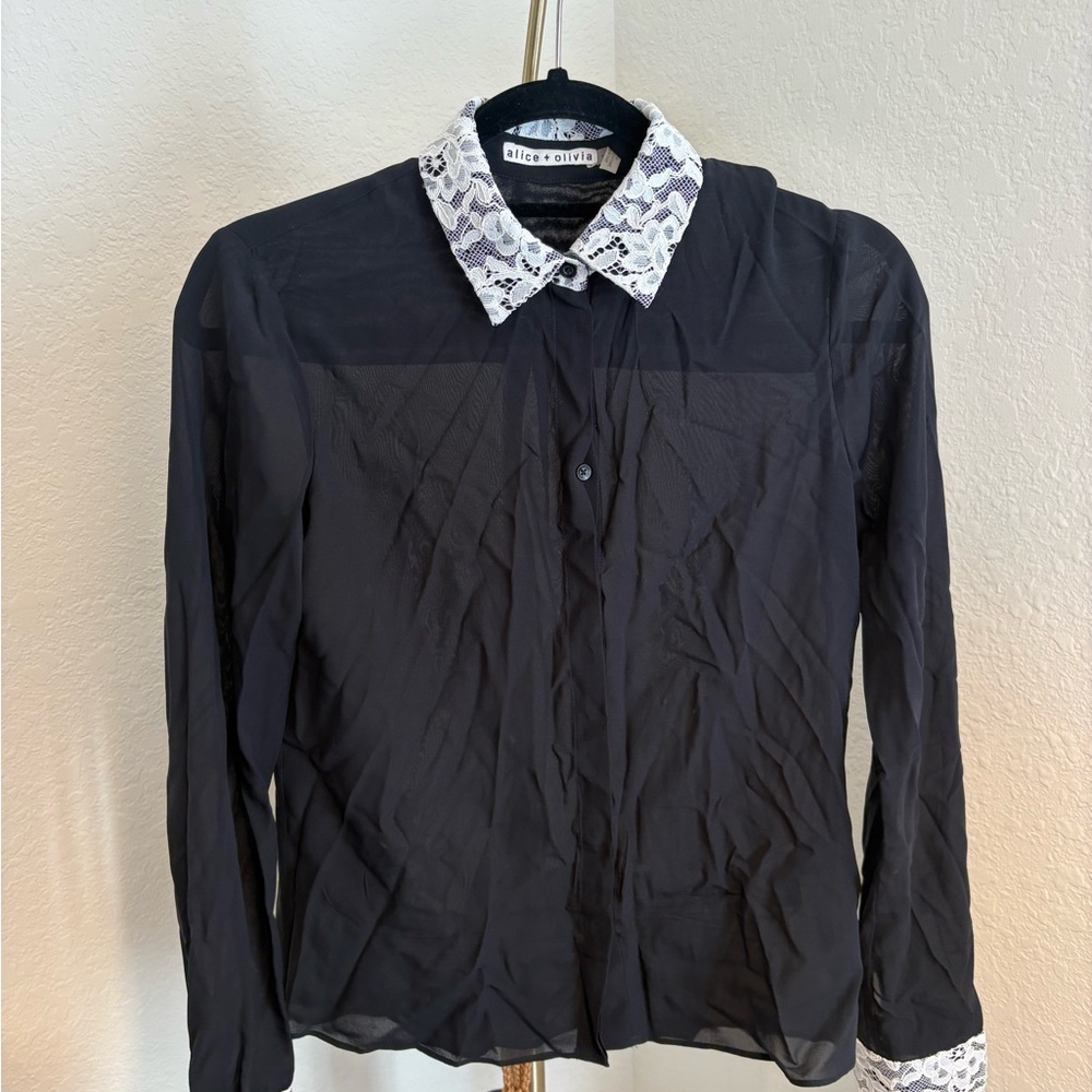 Alice + Olivia Black Blouse with White Lace Collar
